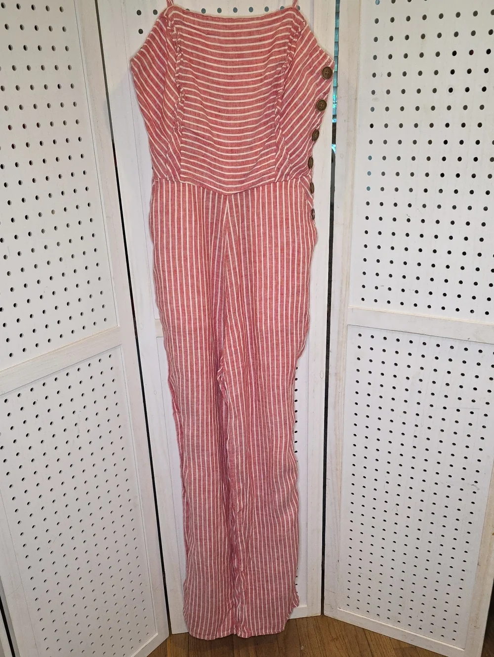 Mango Coral-Striped 100% Linen Blend Jumpsuit with Side Buttons S